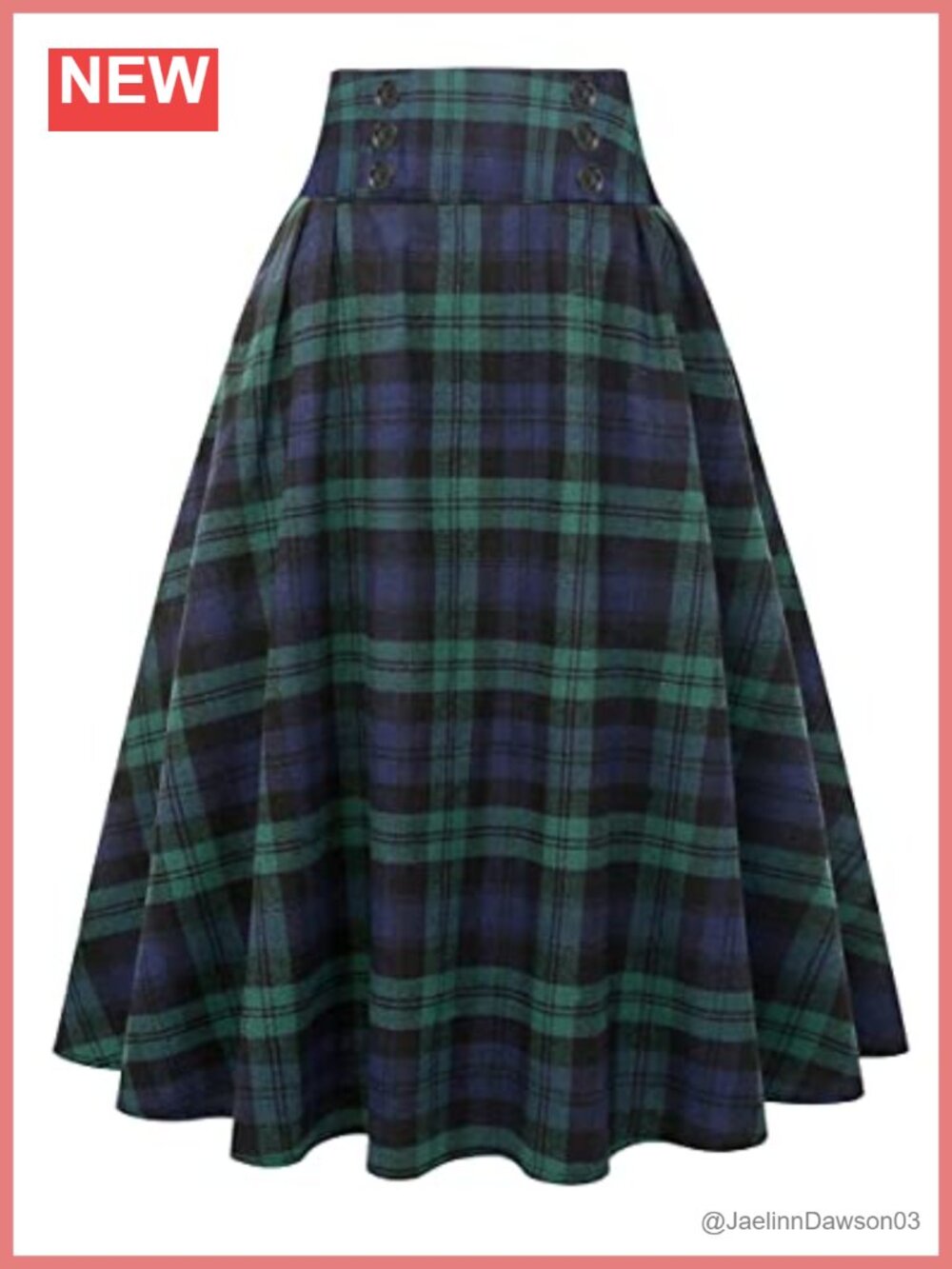 Plaid Midi Skirt High Waist A-Line Pleated Side Pockets